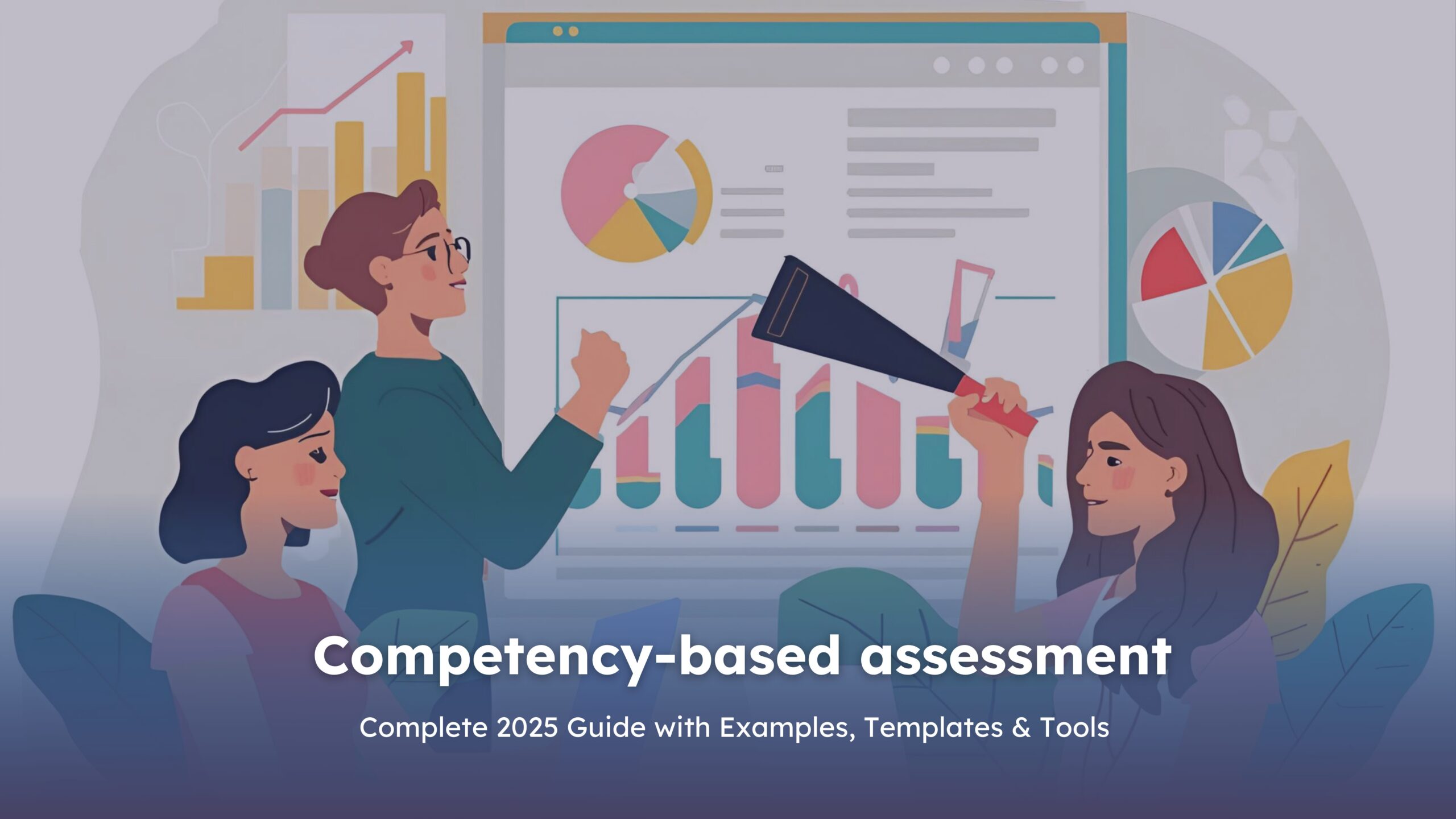 Illustration of three professionals analyzing charts and graphs on a large screen, representing competency-based assessment in 2025.