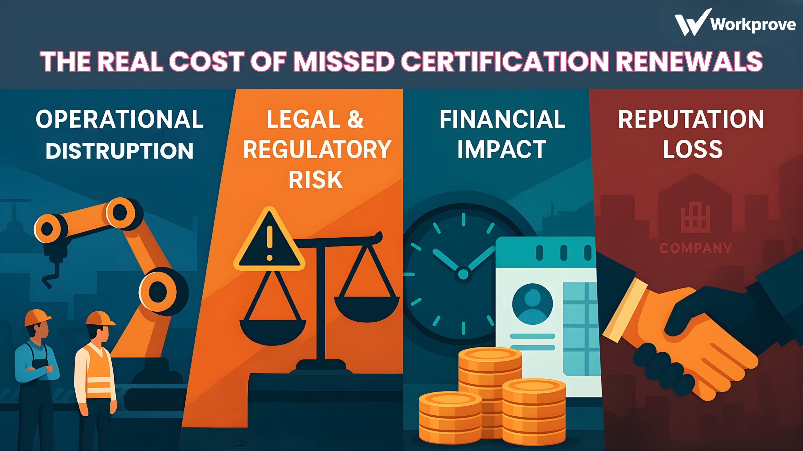 Infographic showing the real cost of missed certification renewals and expired training: operational disruption, legal risk, financial loss, and reputation damage in workplaces.