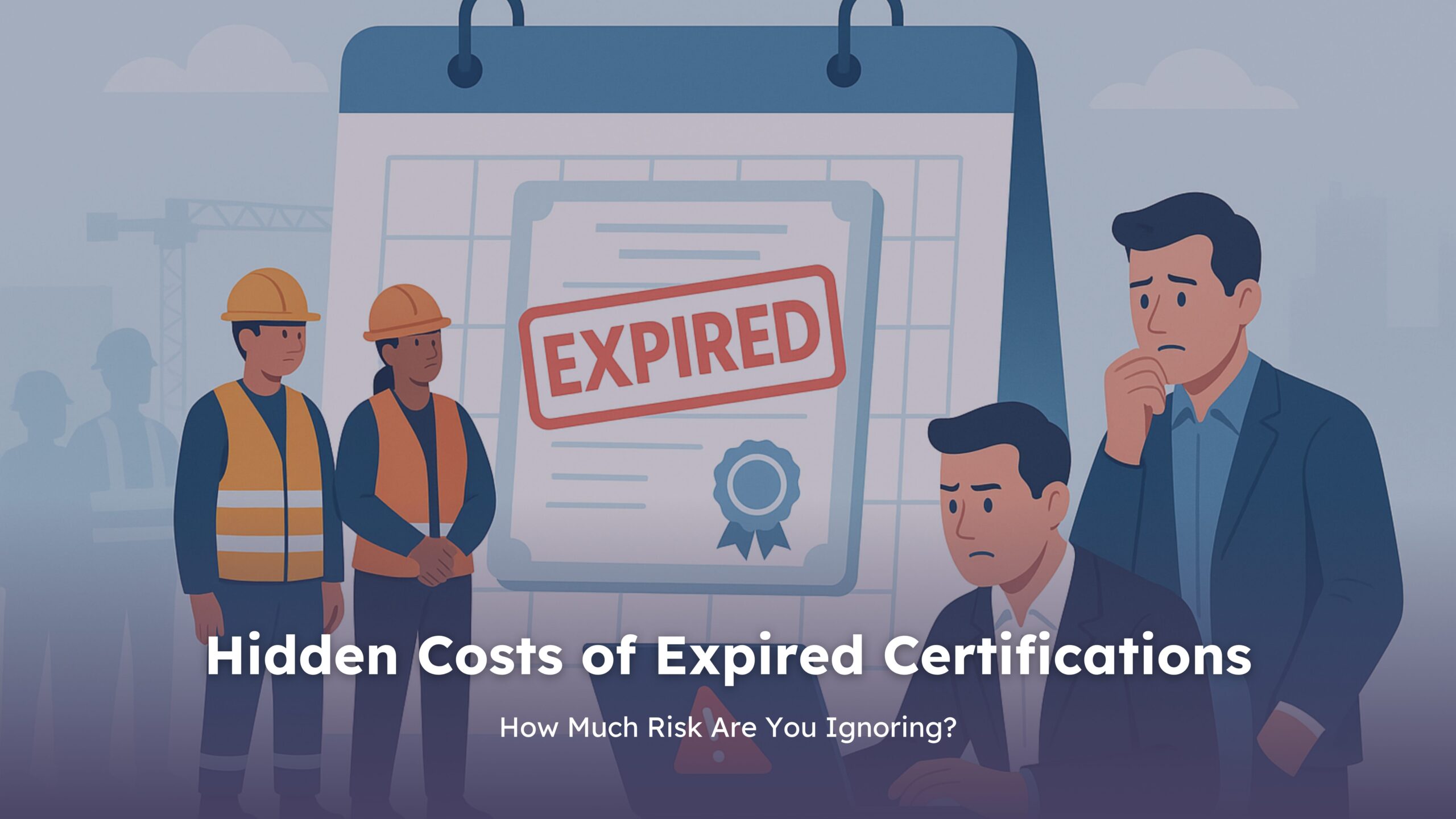 Illustration of workers and managers concerned about an expired certification shown on a large calendar, highlighting compliance risks.
