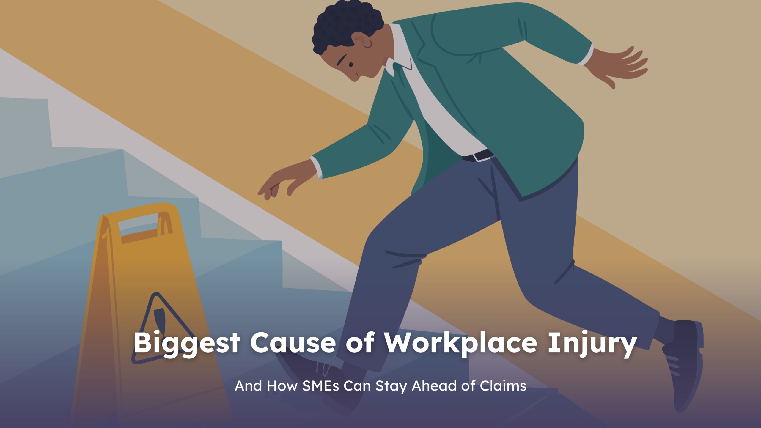 Illustration of a worker slipping on stairs next to a yellow caution sign, symbolising the biggest cause of workplace injury.