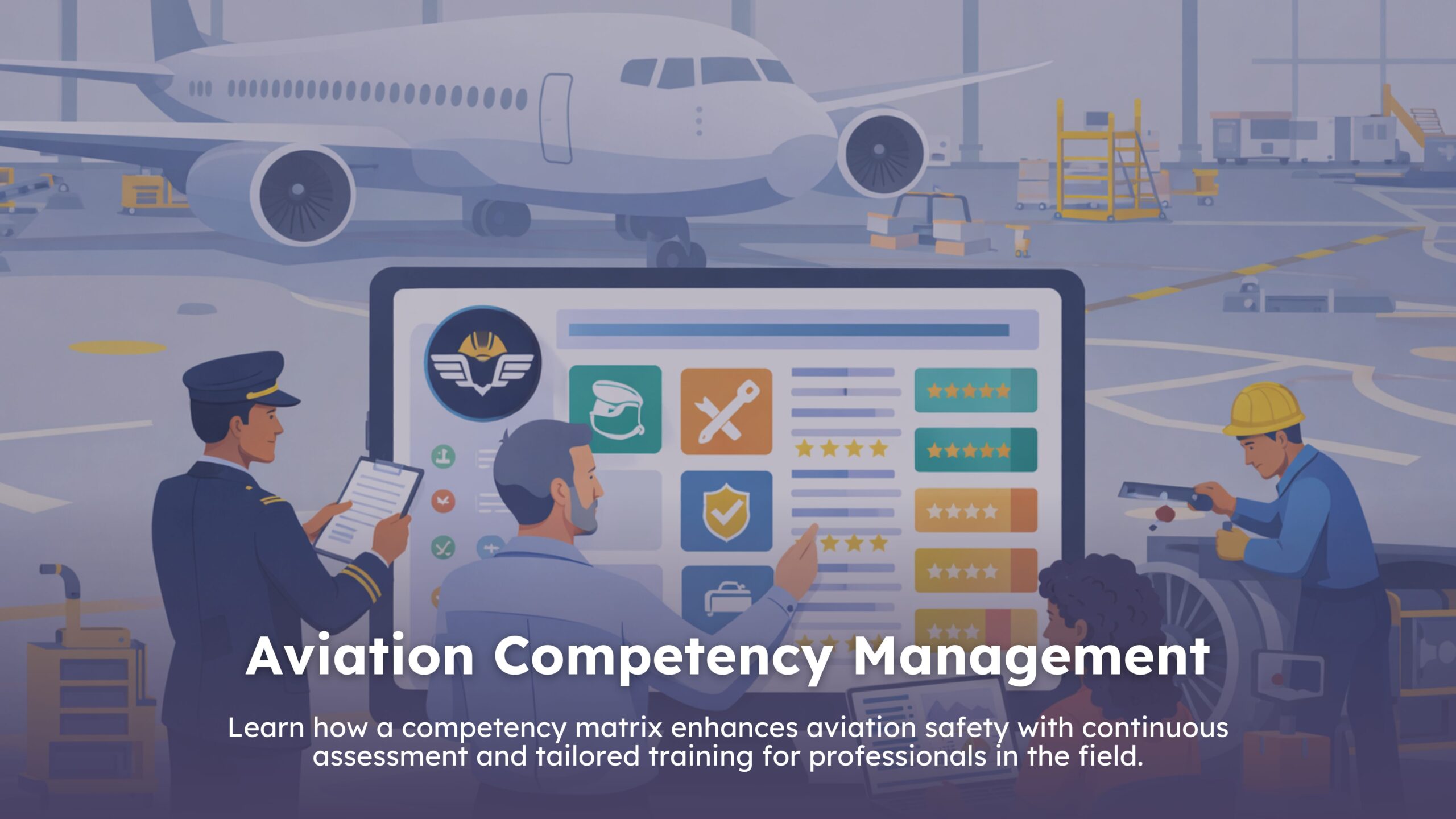 Aviation competency management full blog cover image. aviation staff working on aircraft.