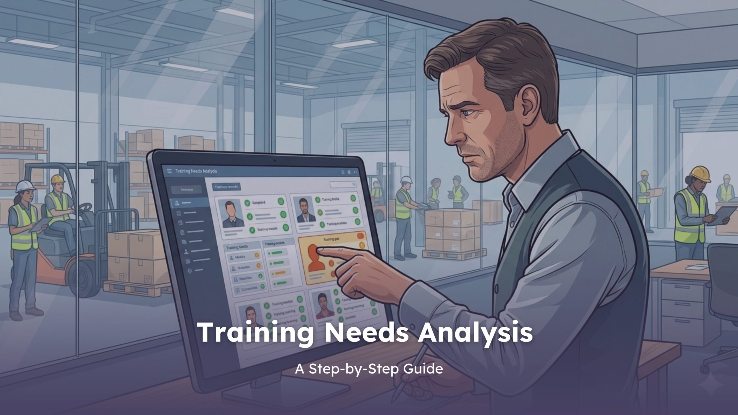 TNA full detailed blog cover image- a manager looking at digital matrix and seeing training needs analysis of the workers