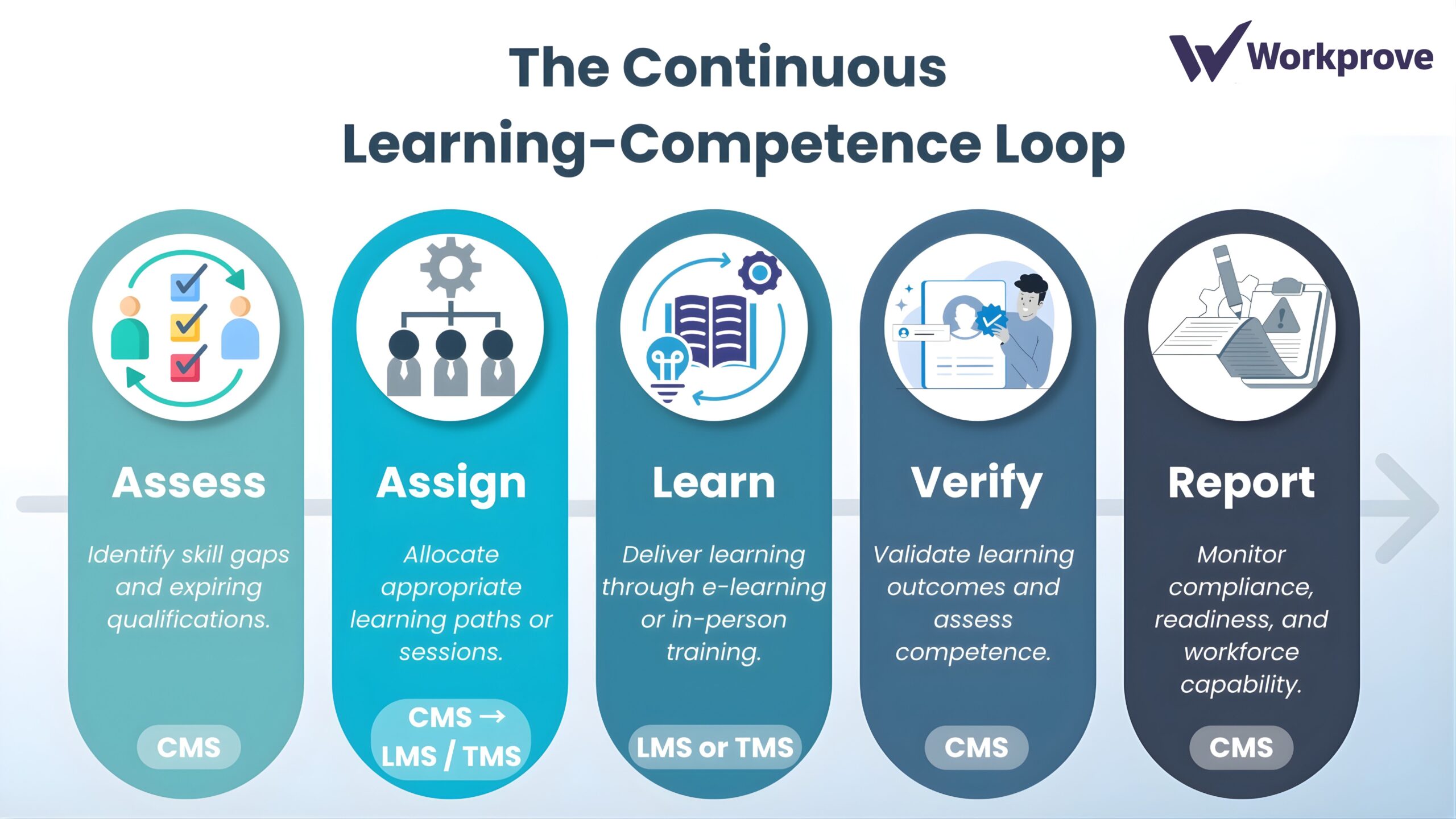 Infographic showing the continuous learning and competence loop connecting LMS, TMS, and CMS through assessment, assignment, learning, verification, and reporting.