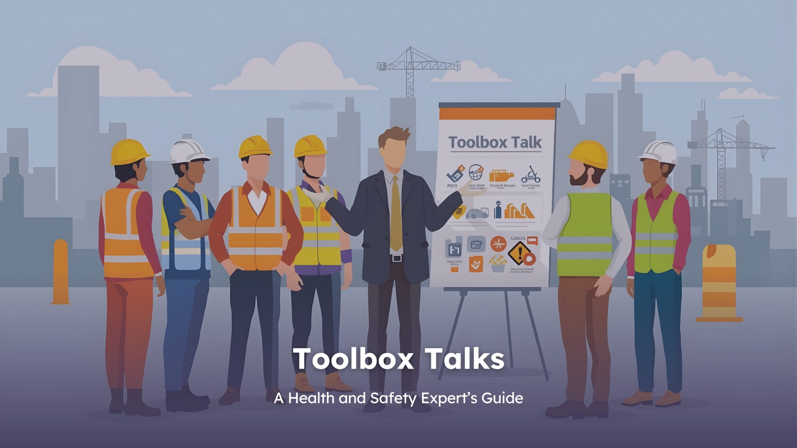 image showing a supervisor explaining toolbox talks to the workers. blog image cover of full detailed guide