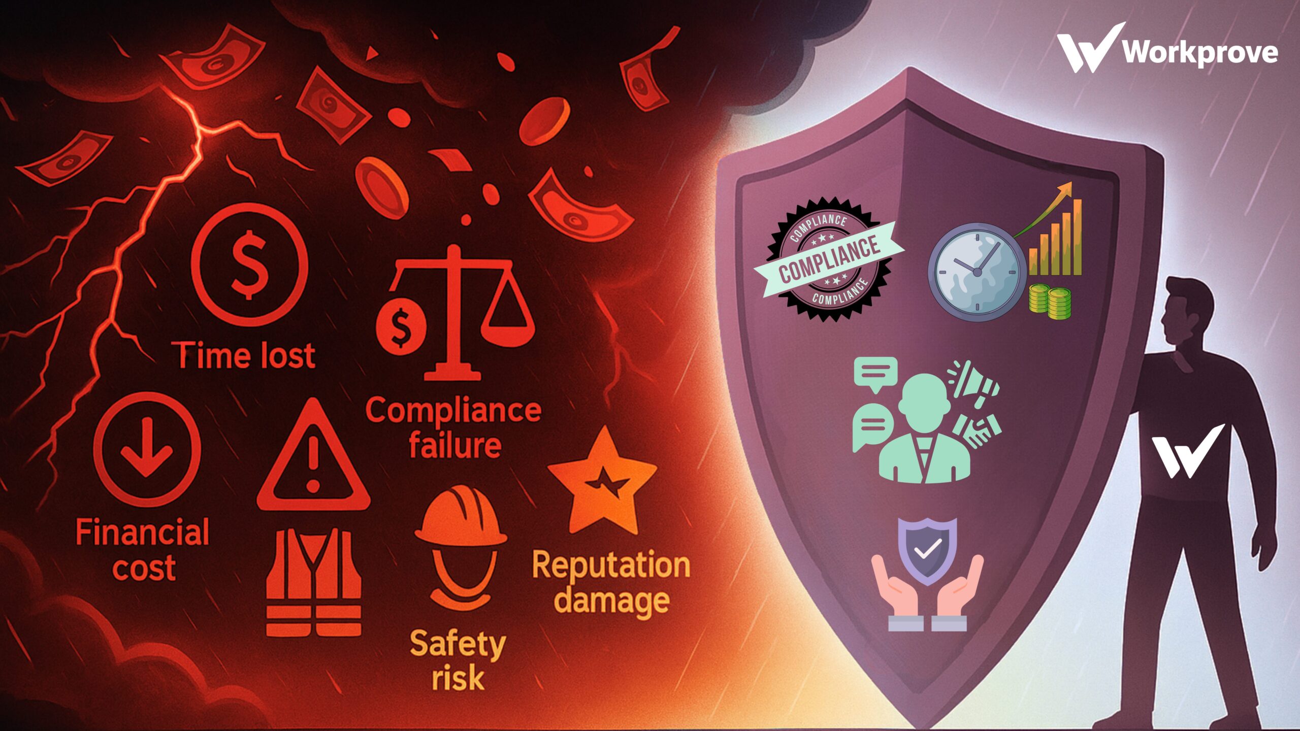 A split-screen infographic showing the risks of expired certifications on the left, including time lost, financial cost, compliance failure, safety risk, and reputation damage. On the right, the Workprove shield protects against these risks, symbolising time saved, compliance updated, financial profit, safety assurance, and good reputation.