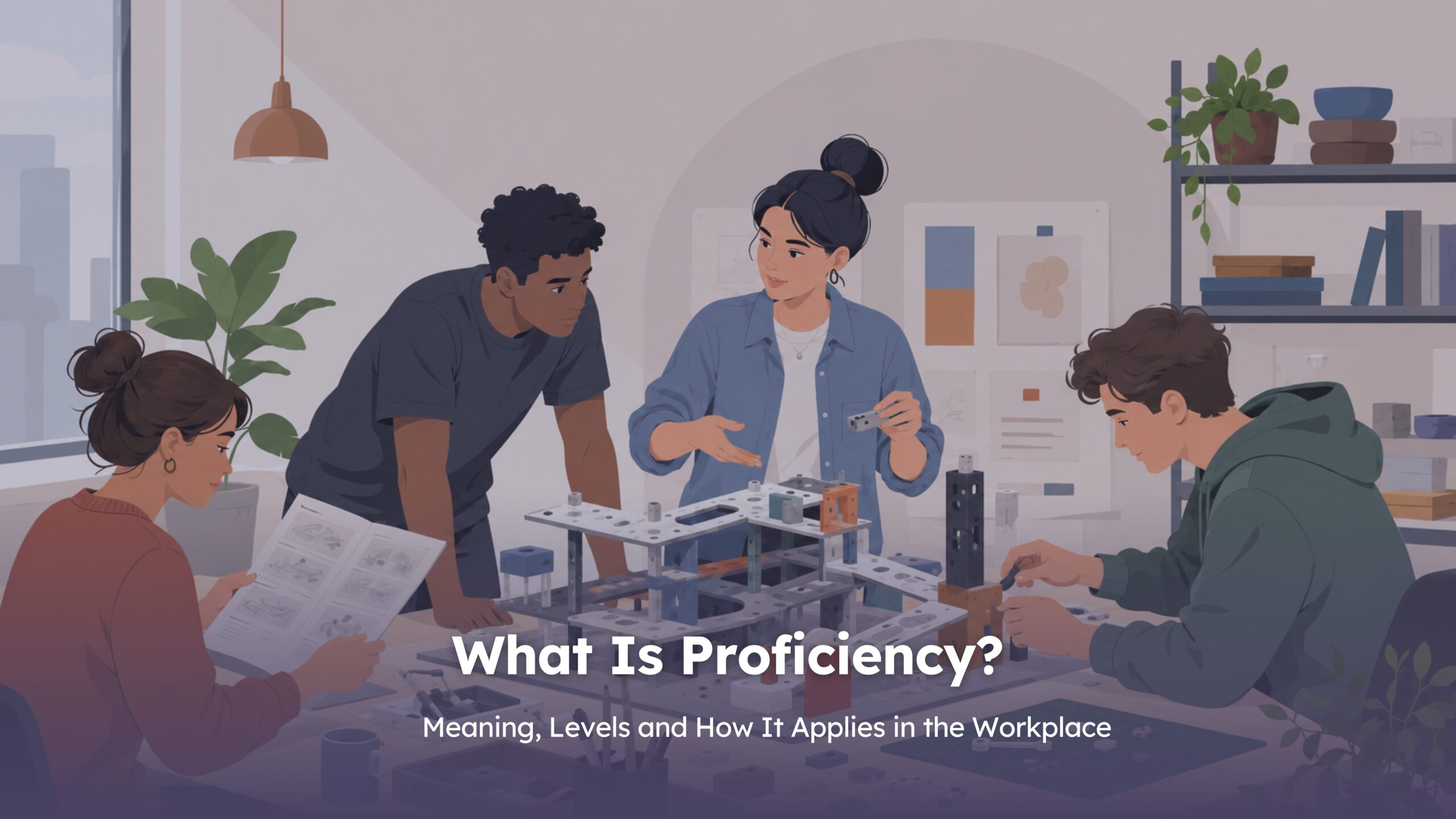 A diverse group works together on a complex model, showing different levels of skill, guidance and independent problem-solving and different proficiency