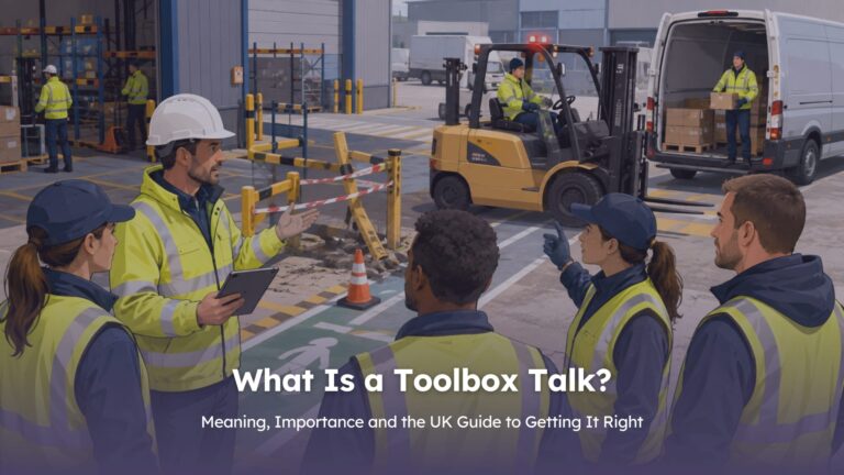 Toolbox talk blog cover image showing a site supervisor delivering a targeted safety briefing to workers in a busy logistics yard after a damaged barrier creates a risk near a forklift and pedestrian route. The scene illustrates how effective toolbox talks should respond to real workplace hazards, involve the relevant employees and lead to clear safety actions rather than simply recording attendance.